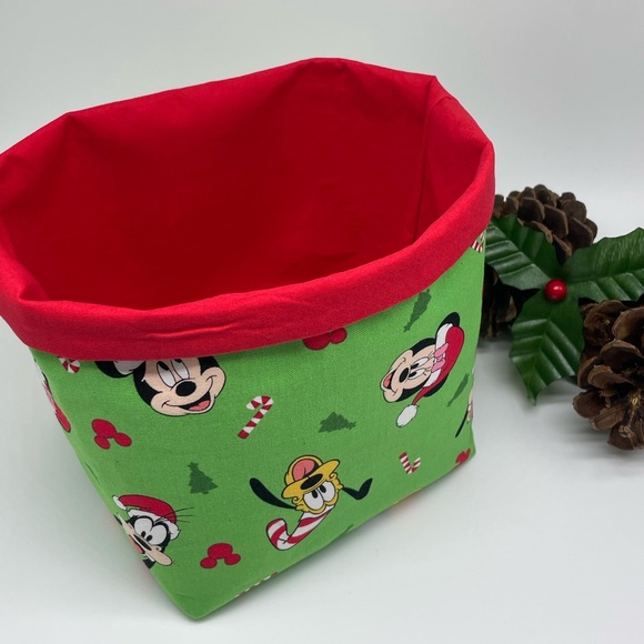 Handmade Disney Christmas Fabric Basket / Mickey Mouse Winter Fabric Basket - Picture 2 of 3